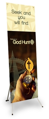 The Going on a God Hunt Vertical Banner with Stand